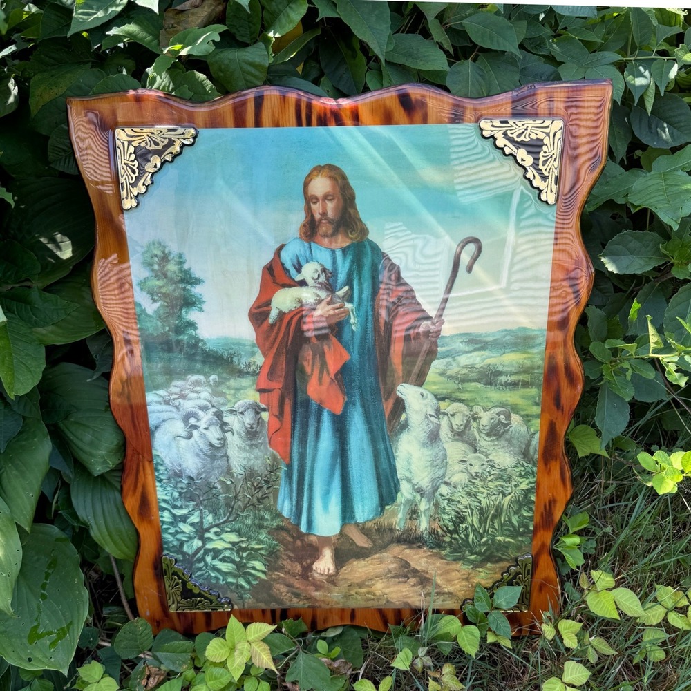Vintage Jesus Good Shepherd Wood Wall Plaque Lamb Sheep Religious Art